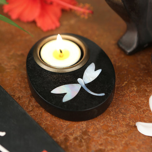Oval Stone Tea Light Holder with Mother-of-Pearl